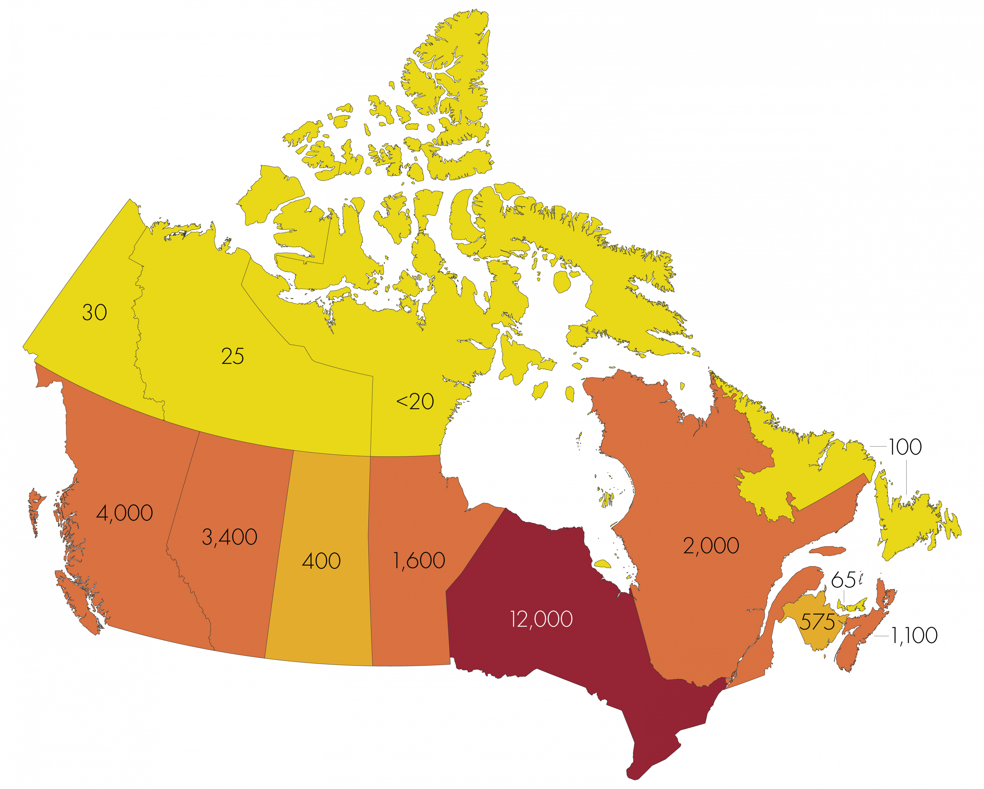Map of Canada with numbers displayed over province and territories